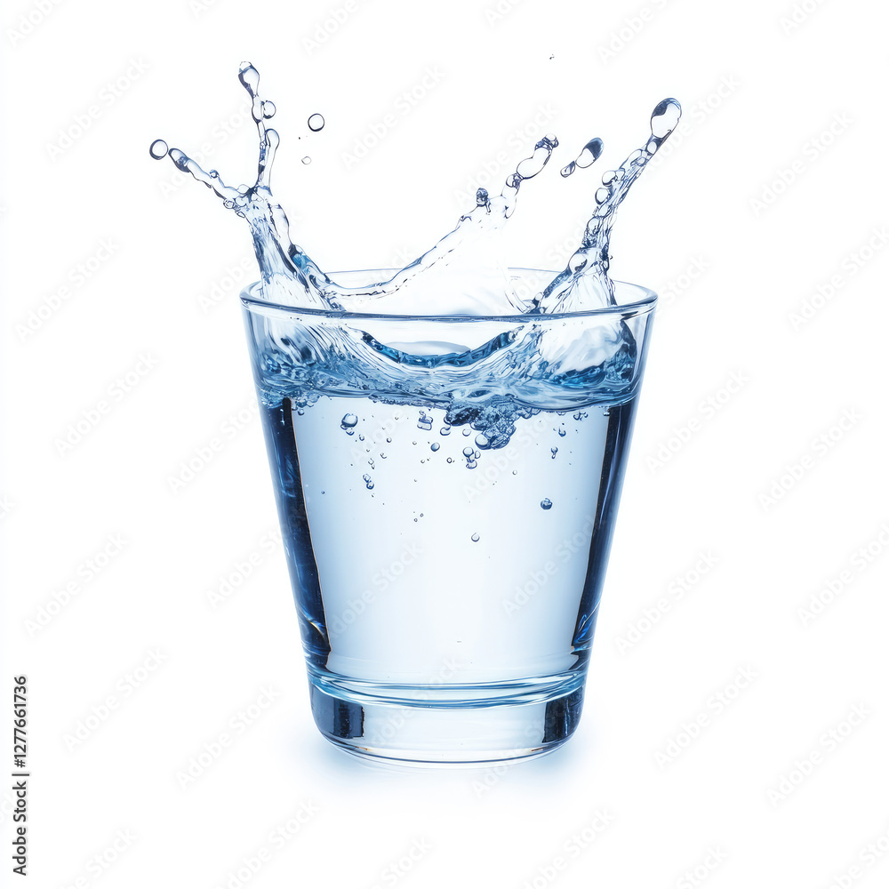 A clear glass of water splashes as droplets shoot up, capturing a moment of movement and freshness. A clear glass of water splashes as droplets shoot up, capturing a moment of movement and freshness.