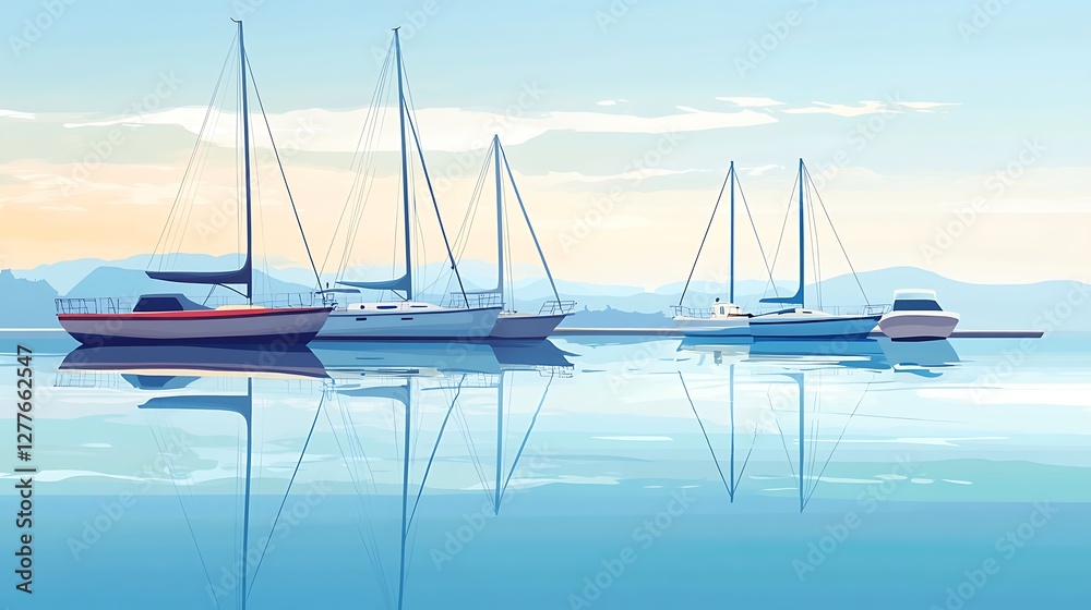 Sailboats and motorboats moored in calm waters at dawn Sailboats and motorboats moored in calm waters at dawn