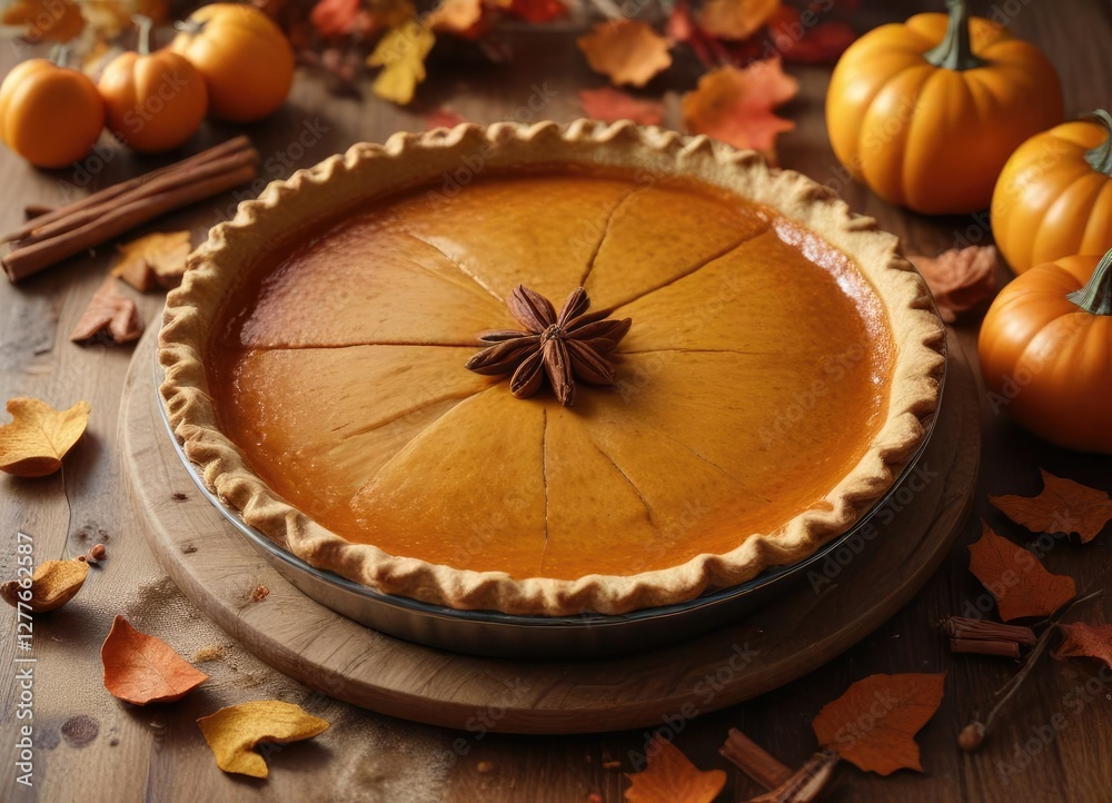 A perfectly flaky crust surrounds a rich and creamy filling, with a sprinkle of cinnamon and nutmeg adding depth to the autumnal pumpkin pie , pattern, closeup A perfectly flaky crust surrounds a rich and creamy filling, with a sprinkle of cinnamon and nutmeg adding depth to the autumnal pumpkin pie , pattern, closeup