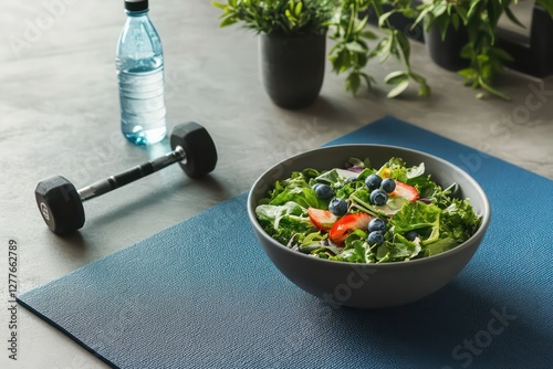 A fresh and energetic flat lay featuring a bowl of healthy salad, a dumbbell, and a bottle of water on a yoga mat