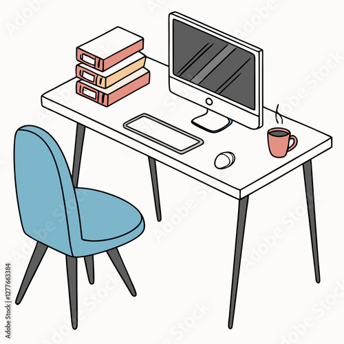 Minimalist workspace illustration with computer, files, and comforting coffee