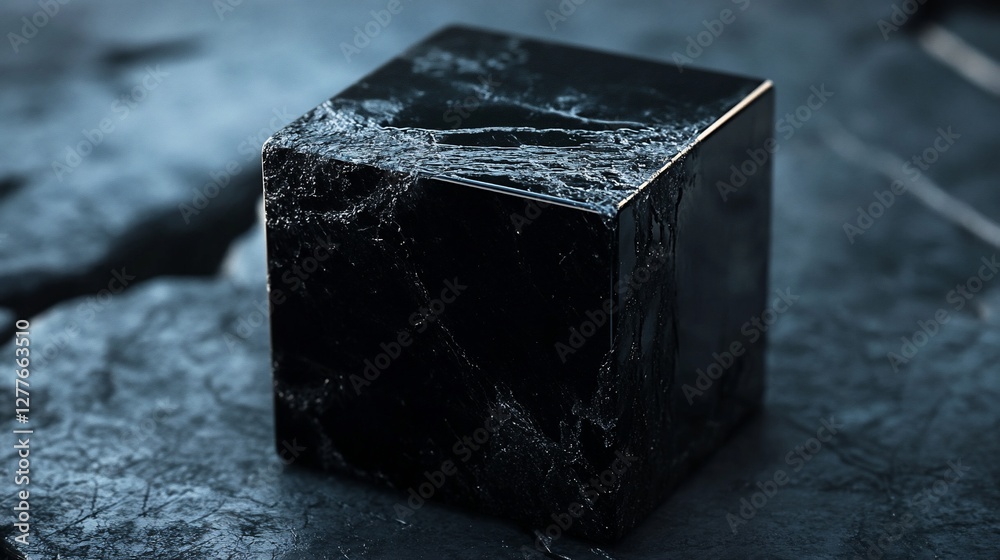 Black textured cube with a reflective surface sits on a rough dark stone Black textured cube with a reflective surface sits on a rough dark stone