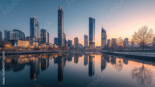 Blue hour city skyline reflecting on the rivers surface.