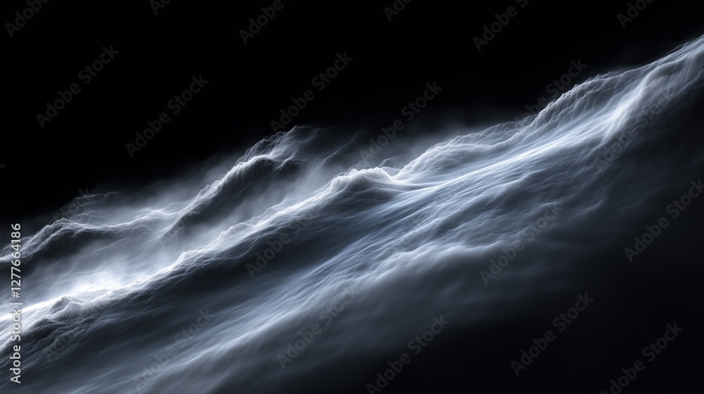 Mist Effect Floating Over a Deep Black Background, Resembling Layers of Mountains for a Mysterious and Surreal Atmosphere. Mist Effect Floating Over a Deep Black Background, Resembling Layers of Mountains for a Mysterious and Surreal Atmosphere.
