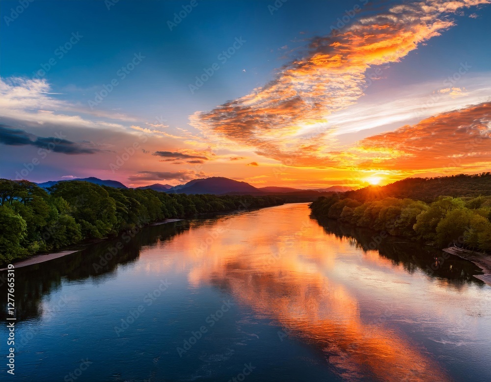 Obraz premium A wide river reflecting the colors of the sunset 