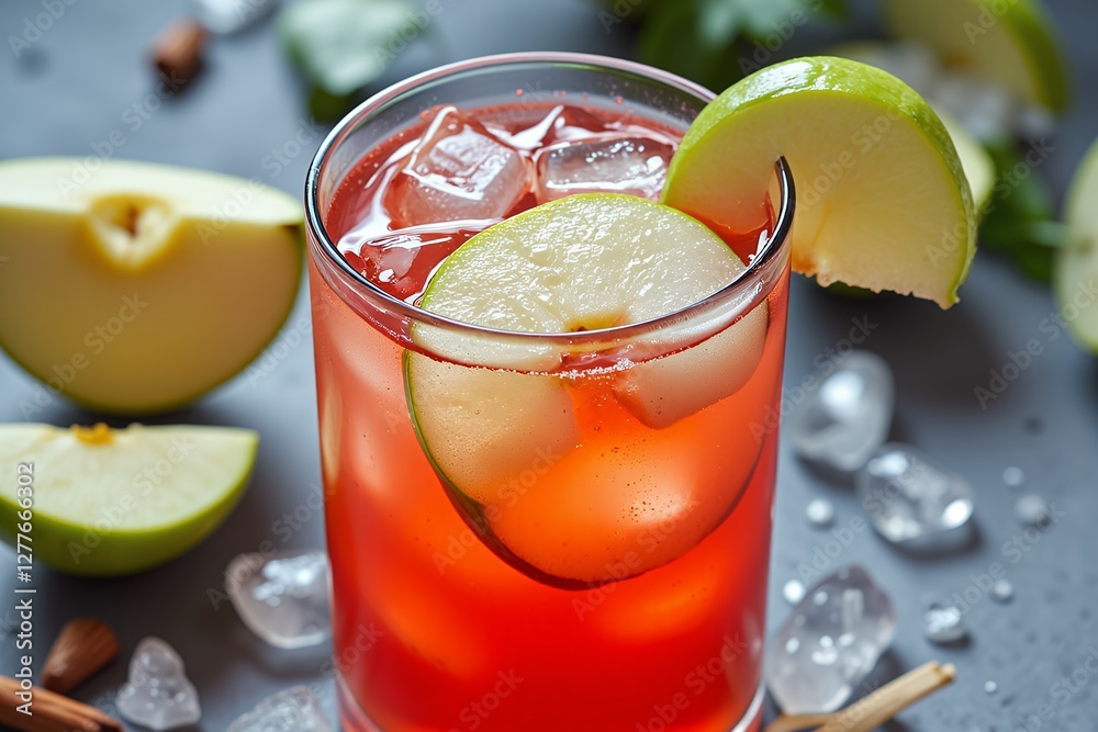 Fototapeta premium Refreshing Red Apple Cocktail with Ice Cubes and Garnish Summer Drink Recipe