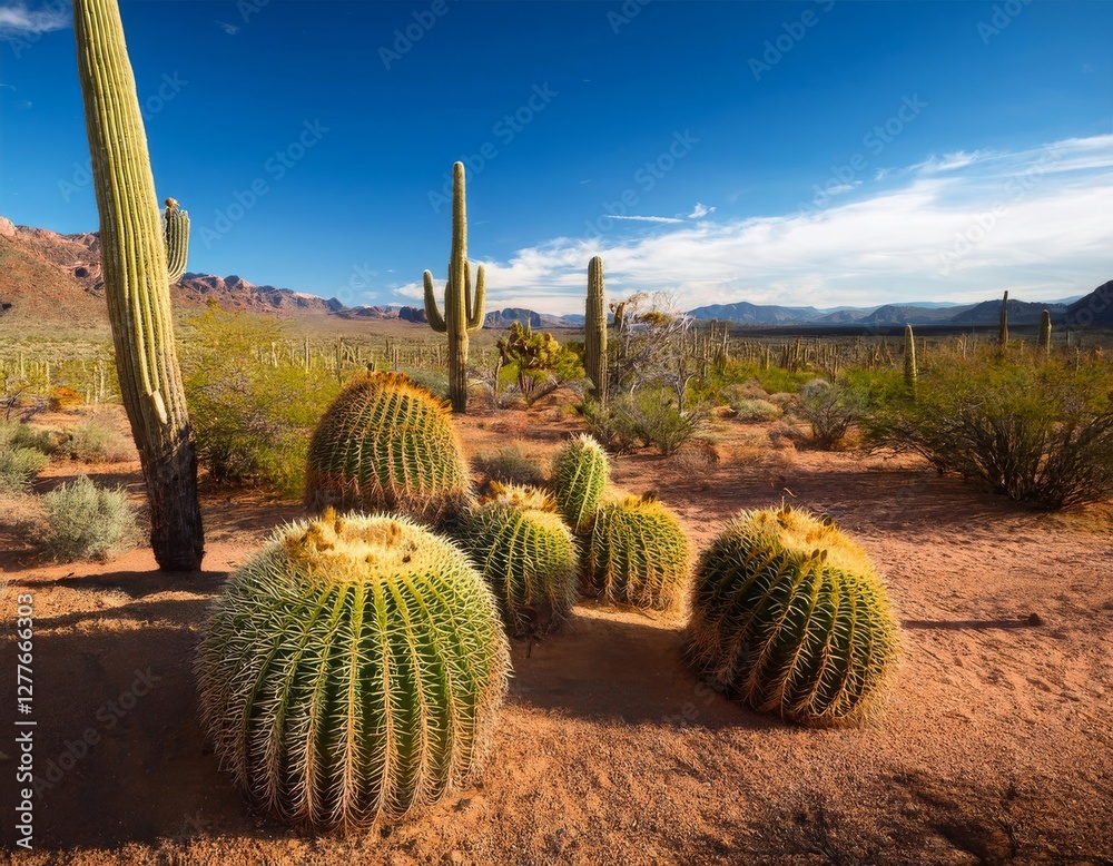Cacti scattered across a sun-baked desert landscape Cacti scattered across a sun-baked desert landscape