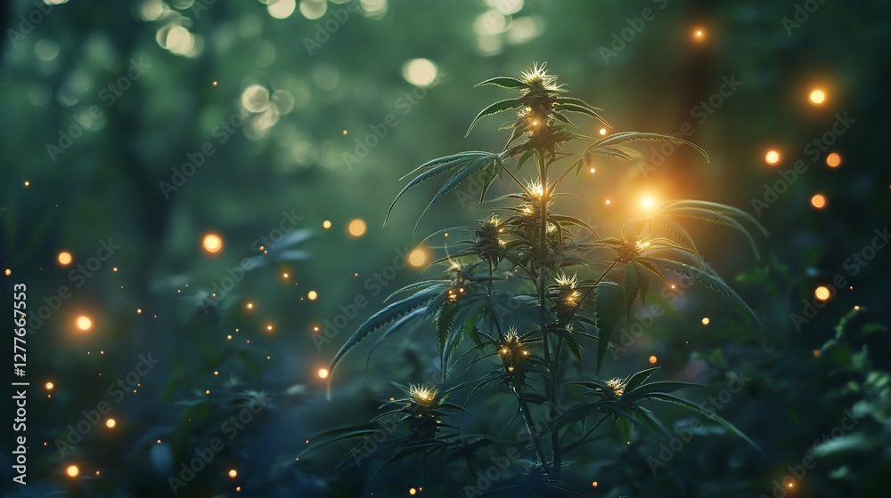 Obraz premium Glowing cannabis plant surrounded by fireflies in a lush mystical forest setting