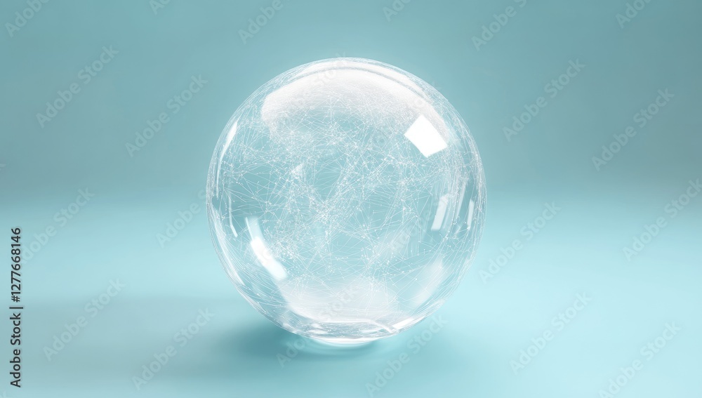 Frozen sphere on blue background, studio shot, ice texture, winter concept