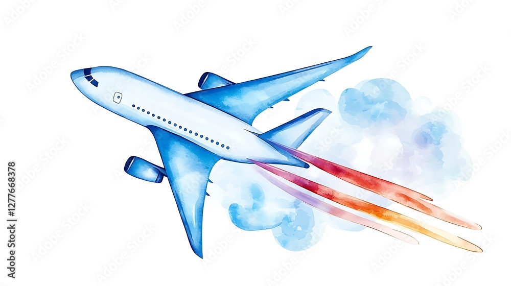 Naklejka premium Watercolor Airplane in Flight Leaving a Colorful Trail