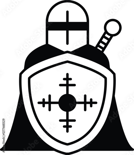 knight is standing in front of a shield with a cross on it