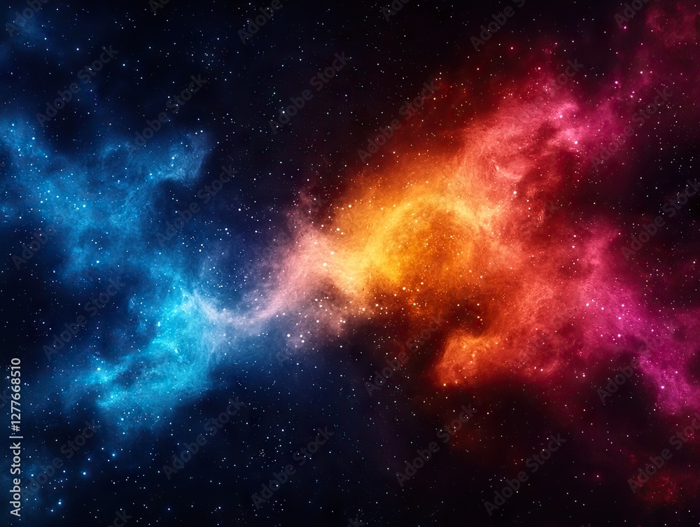 Naklejka premium Cosmic explosion of colorful nebulae outer space digital art infinite universe wide angle cosmic beauty