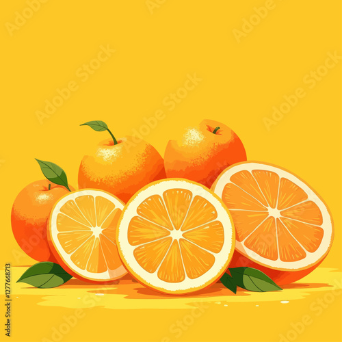 Vibrant orange fruit slices and whole oranges on yellow backdrop
