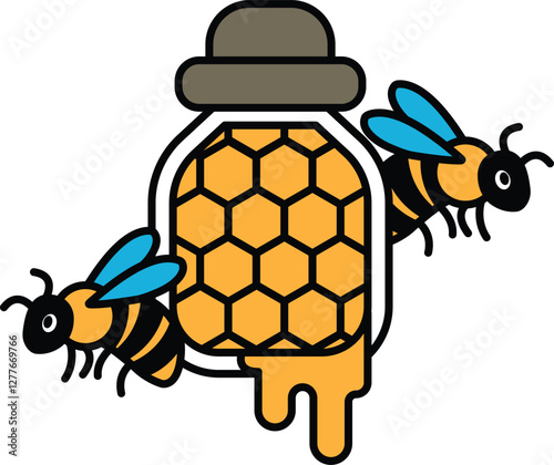 A cartoon of two bees and a jar of honey