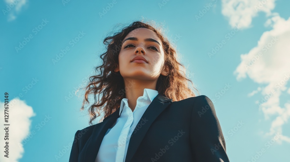 A confident young woman stands against a bright blue sky, embodying ambition and professionalism. Her stylish suit reflects modern business attire. A confident young woman stands against a bright blue sky, embodying ambition and professionalism. Her stylish suit reflects modern business attire.