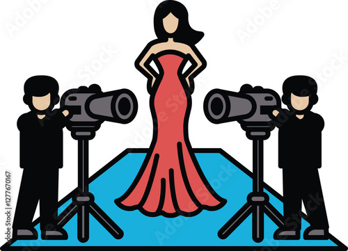 woman in a dress is being photographed by two men