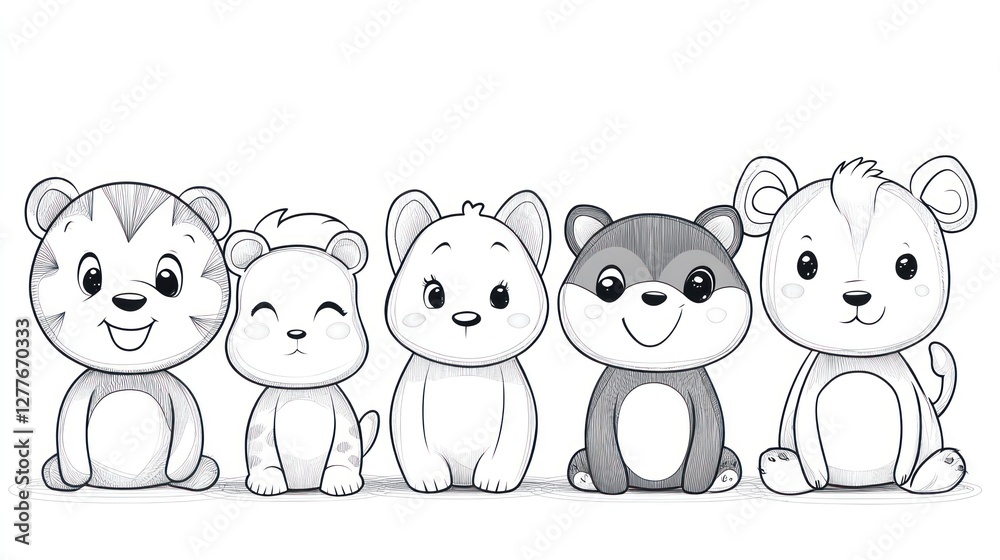 Obraz premium Cute cartoon animals, seated in a row, monochrome design.