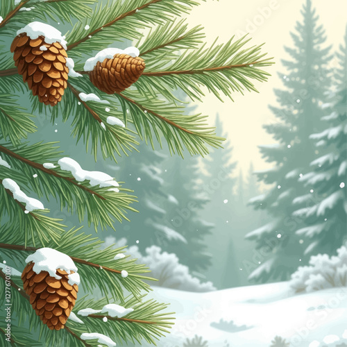 Snowy pine branch with cones, winter forest backdrop
