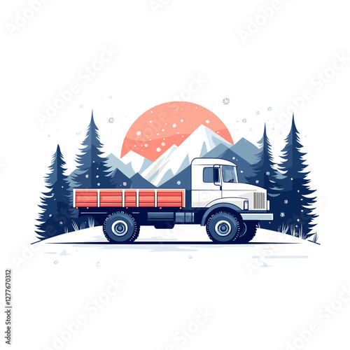 White cargo truck in snowy mountain landscape