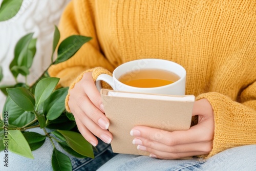 Start your day with intention Discover the serenity of a Mindful Morning Routine A person practicing gratitude journaling while sipping herbal tea, embracing mindfulness Cultivate inner peace by photo