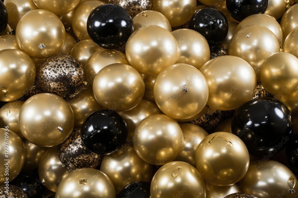 Gold and black Christmas tree ornament balls background with copy space. Luxury festive holiday baubles pattern. New Year party and winter celebration decorations Gold and black Christmas tree ornament balls background with copy space. Luxury festive holiday baubles pattern. New Year party and winter celebration decorations