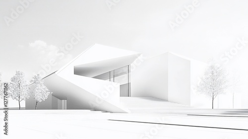 Monochromatic architectural rendering of a modern building with minimalist aesthetic and trees