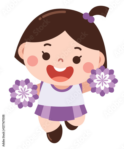 A cheerful and energetic cartoon illustration of a young girl dressed as a cheerleader, wearing a purple and white outfit and holding pom-poms