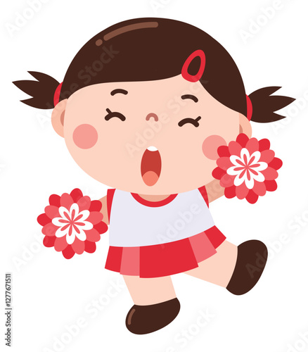 A cute cartoon cheerleader girl in a red and white outfit, holding pom-poms and cheering with enthusiasm