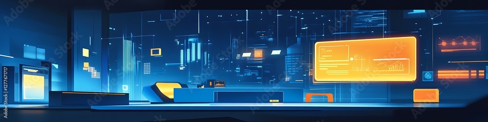 Fototapeta premium Futuristic Office Space with Digital Interface Displays