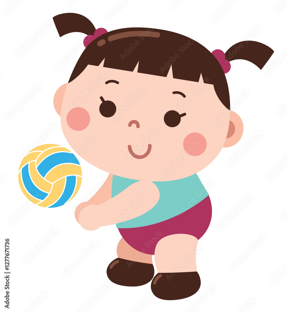 An adorable cartoon illustration of a young girl playing volleyball An adorable cartoon illustration of a young girl playing volleyball