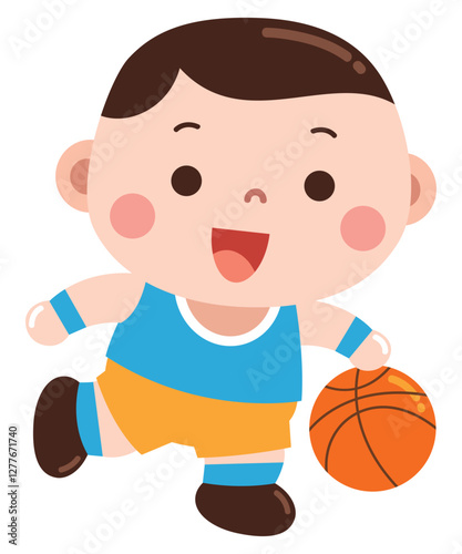 A charming and playful cartoon illustration of a young boy dribbling a basketball
