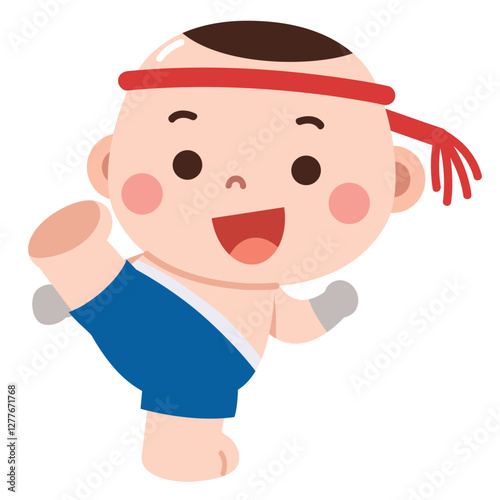 A fun and adorable cartoon illustration of a young boy practicing Muay Thai.