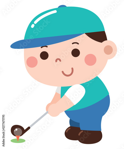 An adorable cartoon illustration of a young boy playing golf
