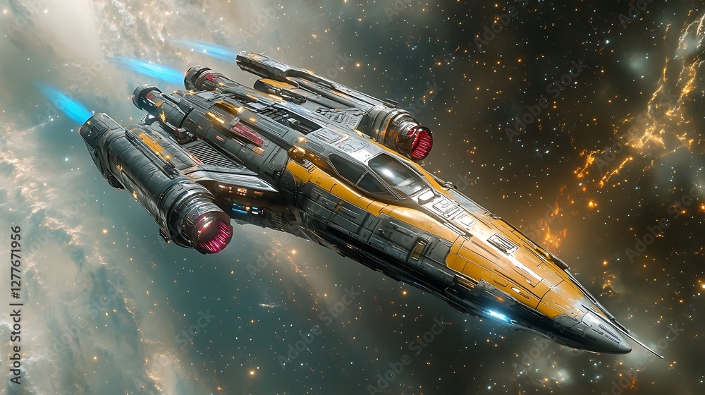 Obraz premium Futuristic spaceship with glowing engines soaring through a vibrant cosmic landscape