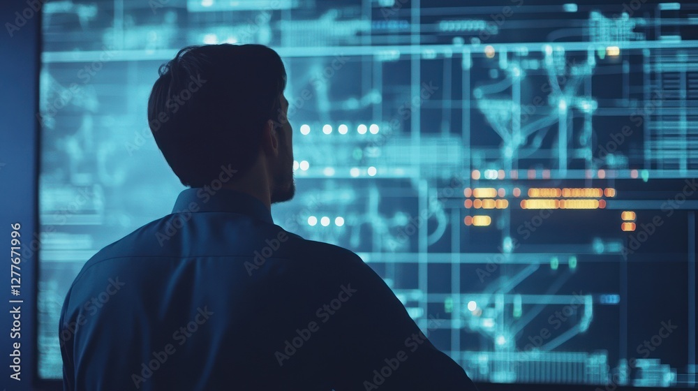 A focused individual analyzing advanced digital data on a large screen, showcasing the intersection of technology and innovation in a modern workspace. A focused individual analyzing advanced digital data on a large screen, showcasing the intersection of technology and innovation in a modern workspace.