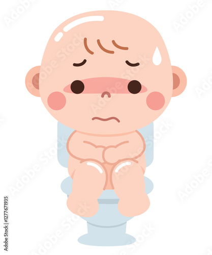 A cute yet expressive illustration of a baby sitting on a toilet, struggling with constipation