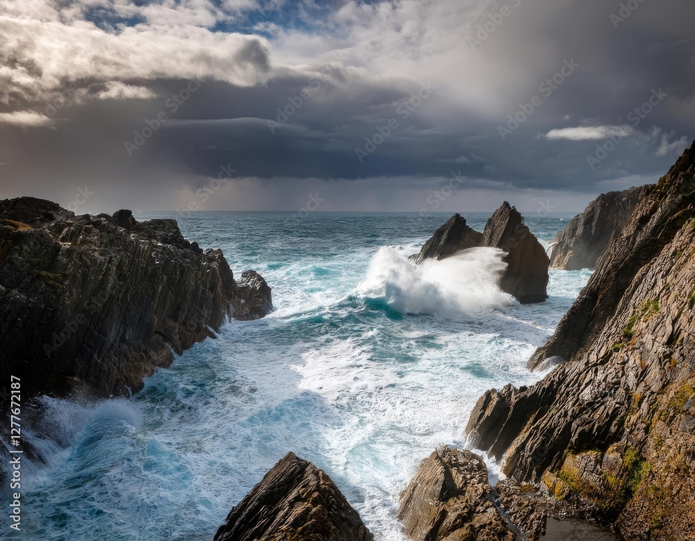 Waves crashing against rugged cliffs under a dramatic sky Waves crashing against rugged cliffs under a dramatic sky
