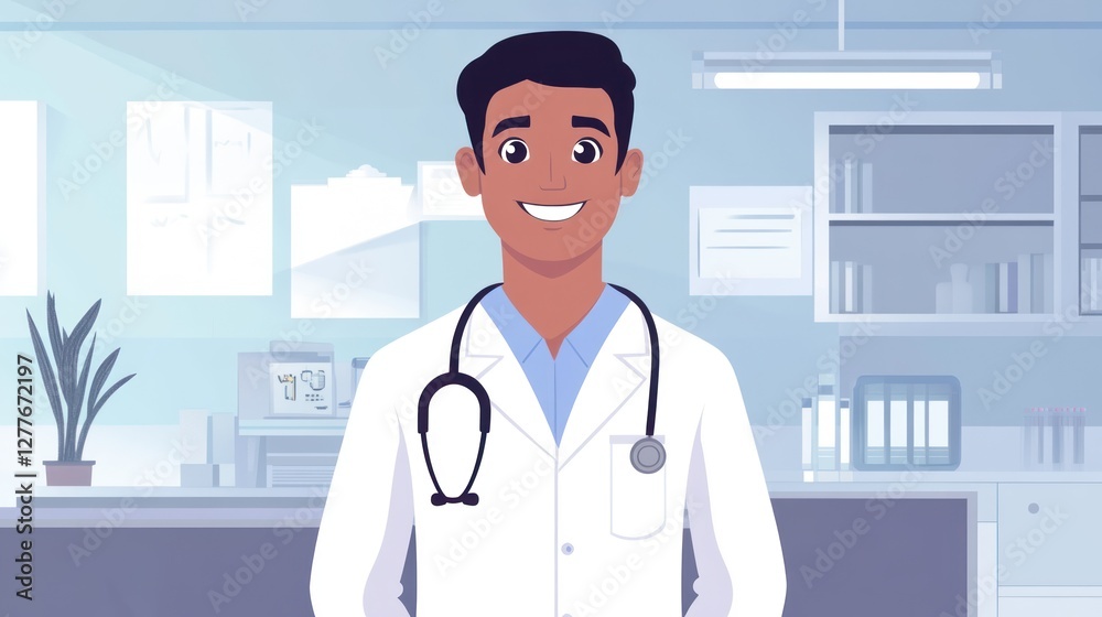 A friendly doctor wearing a white coat and stethoscope, smiling in a bright and modern clinic setting, promoting health and wellness. A friendly doctor wearing a white coat and stethoscope, smiling in a bright and modern clinic setting, promoting health and wellness.