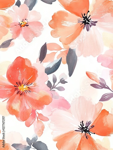 Watercolor Floral Pattern  Peach   Coral Blossoms