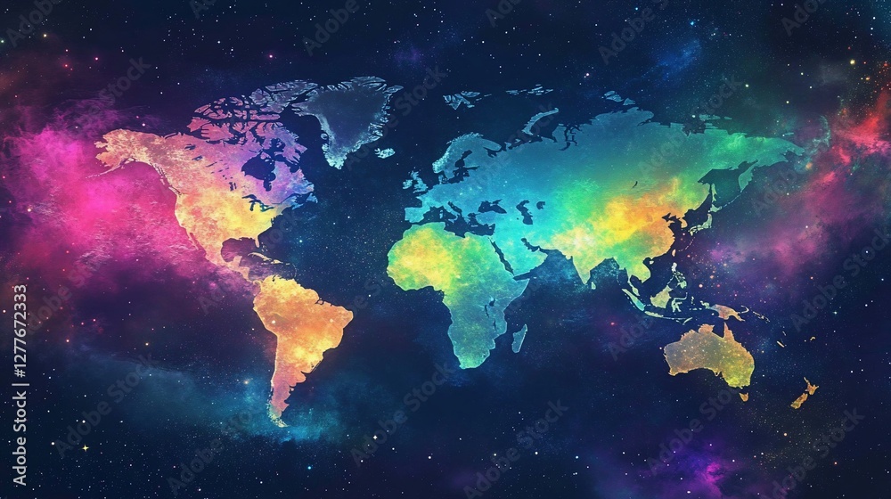 Fototapeta premium A vibrant world map glows amidst a cosmic nebula in shades of the rainbow