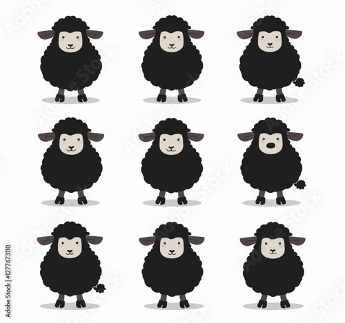 Nine Black Sheep with Different Expressions on White