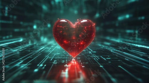 A glowing, digital heart surrounded by streams of data, symbolizing love and technology intertwined. Perfect for modern romance and tech themes. photo