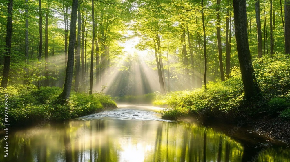 Fototapeta premium Sunbeams illuminate a tranquil forest stream.