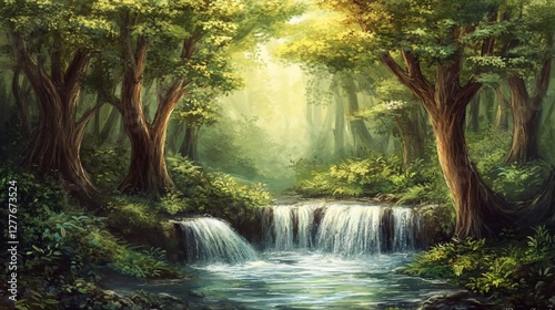Sunlit forest waterfall scene.