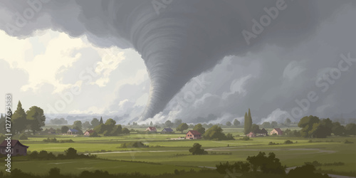 Massive tornado approaching rural homes on the green field