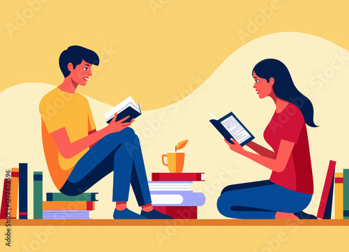 Man and woman reading books on a shelf with tea