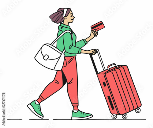 Woman Traveler with Credit Card and Suitcase