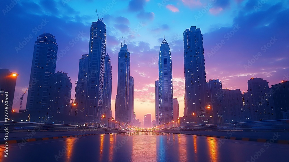 Obraz premium A breathtaking cityscape at dusk with towering skyscrapers and reflective wet roads
