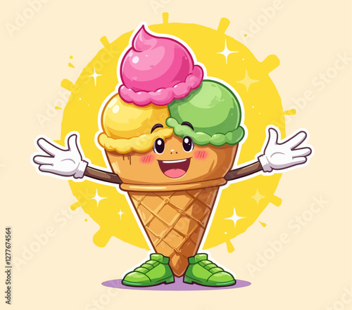 Happy cartoon ice cream cone with three flavors