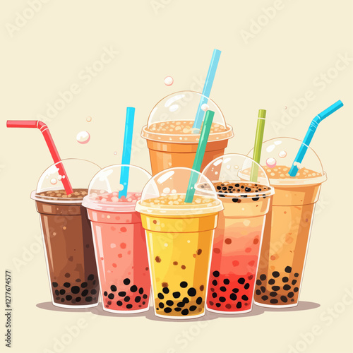 Group of colorful bubble tea drinks with straws